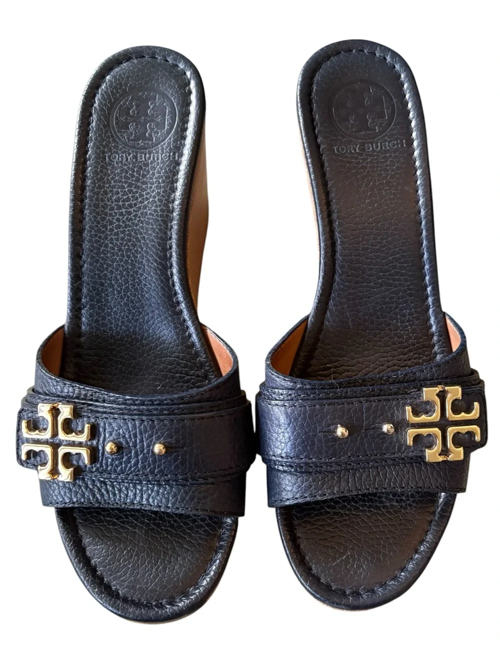 Tory Burch Elina Black Leather Gold Logo Plstform Wedge Sandals - 8.5